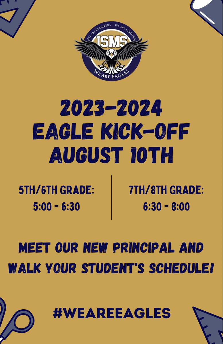 We can’t wait to see all of our Eagles tonight for Eagle Kickoff! 5/6 grade will meet in the gym at 5pm and 7/8 grade at 6:30pm! Schedules are live in Aeries now for you to see. Take a screenshot so you are ready for tonight! #WeAreEagles