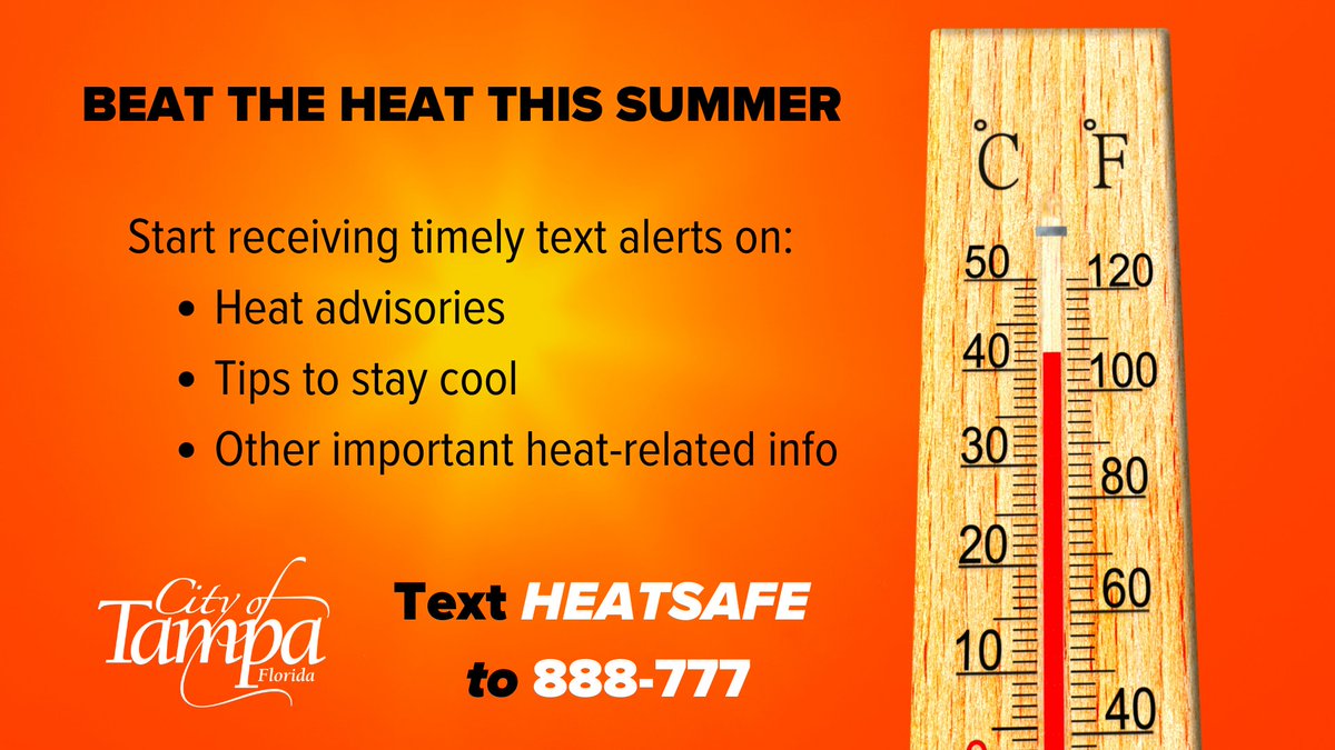 The City of Tampa is opening 3 Cooling Centers from 12pm-7pm today (8/10) and 11am-7pm Friday - Sunday.

- Cordelia B Hunt Center at Al Lopez Park
- Barksdale Center at Macfarlane Park
- Cuscaden Park

Text HEATSAFE to 888-777 to sign up for heat-related alerts, tips, and info.