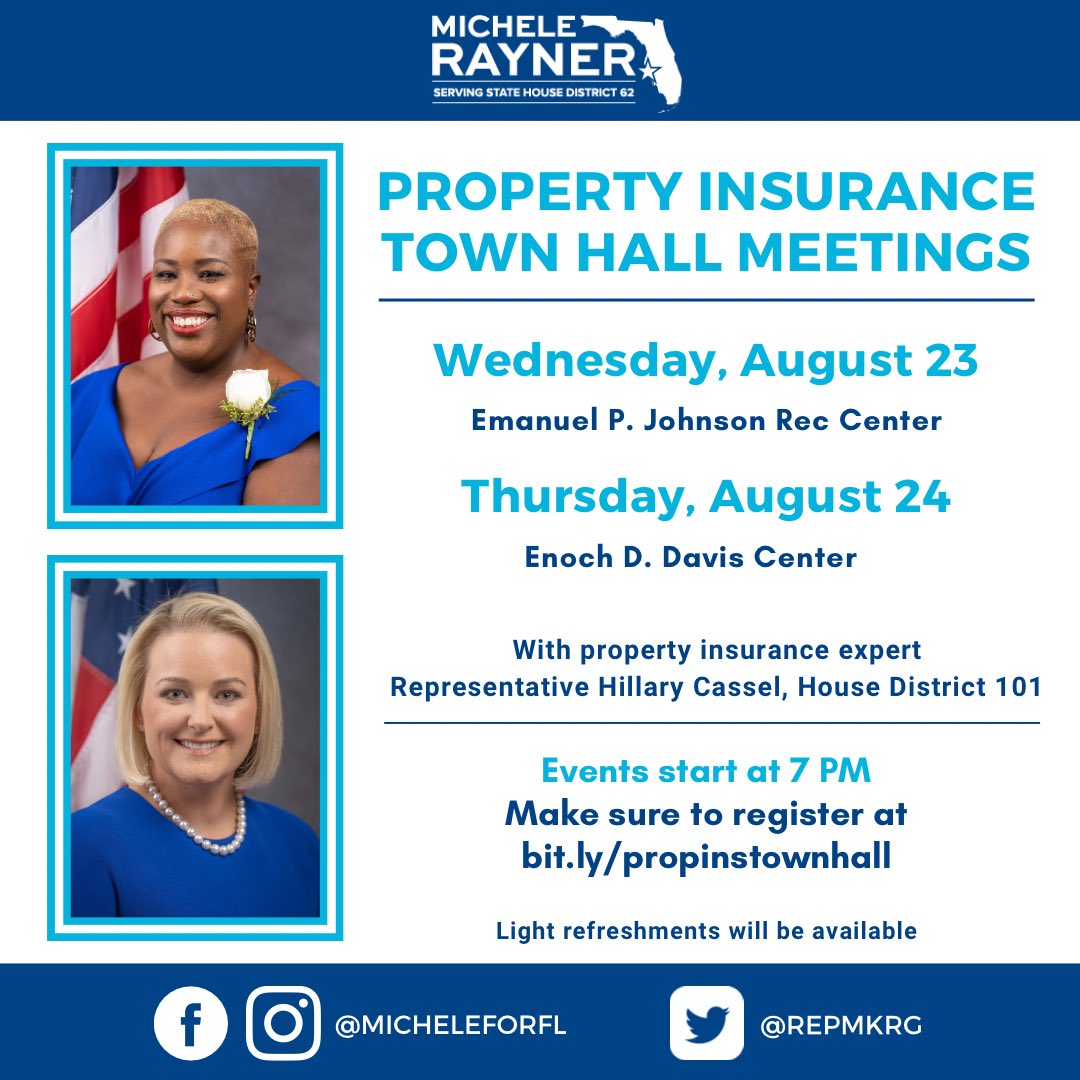 RepMKR's tweet photo. Across Florida, residents are struggling with rising property insurance rates. Join me and Rep. Hillary Cassel to discuss ideas on addressed this pressing issue. RSVP today at https://t.co/R0iRYy2Tcr https://t.co/I0RKpsF4cj
