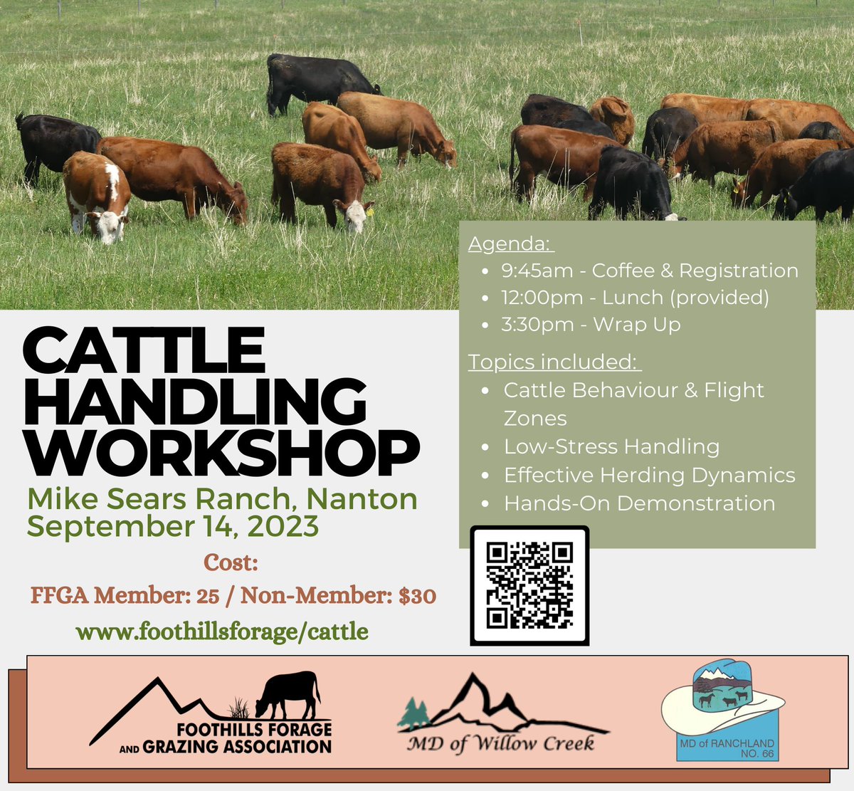 Join us on September 14th west of Nanton for a Cattle Handling Workshop with Mike Sears. For more details and to register, visit: foothillsforage.com/cattle