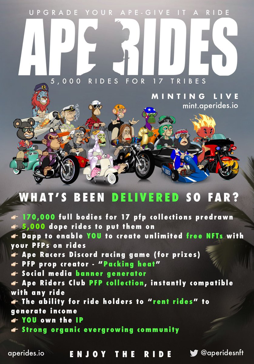 ApeRidesNFT's tweet photo. 🚨🚨🚨IMPORTANT NEWS🚨🚨🚨

🔥Staking now live for all #ApeRides holders 📈

👉🏻You also earn $FUEL for each #NFT you own from any of the compatible collections 🤯 

🔥Until we launch the reward store and V2 of Ape Racers arena we have reduced mint price to 0️⃣.0️⃣2️⃣ETH 👈🏻 https://t.co/41BabtMRhH