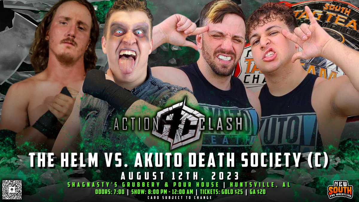 ✅The Helm battles @NewSouth_PW Tag Team Champions, the Akuto Death Society THIS SATURDAY in Huntsville,AL at Shagnasty's Bar and Grubery for night of Action Clash Tapings AND our AFTER DARK SPECIAL! We go till Midnight giving you the most BANGERS for your BUCK! 💥Doors 7pm Bell…