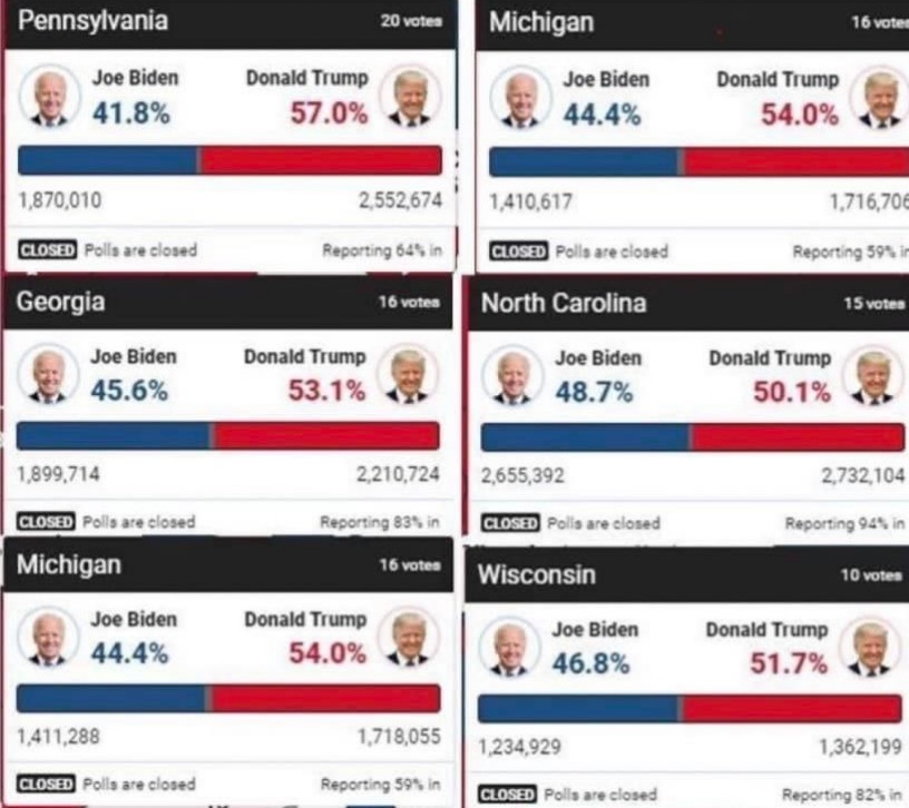 The massive voter fraud that was found in Michigan, happened in Arizona, Wisconsin, Georgia, Virginia, Pennsylvania, Nevada, all states Trump was leading in by huge numbers until votes were switched on or around (3AM)
