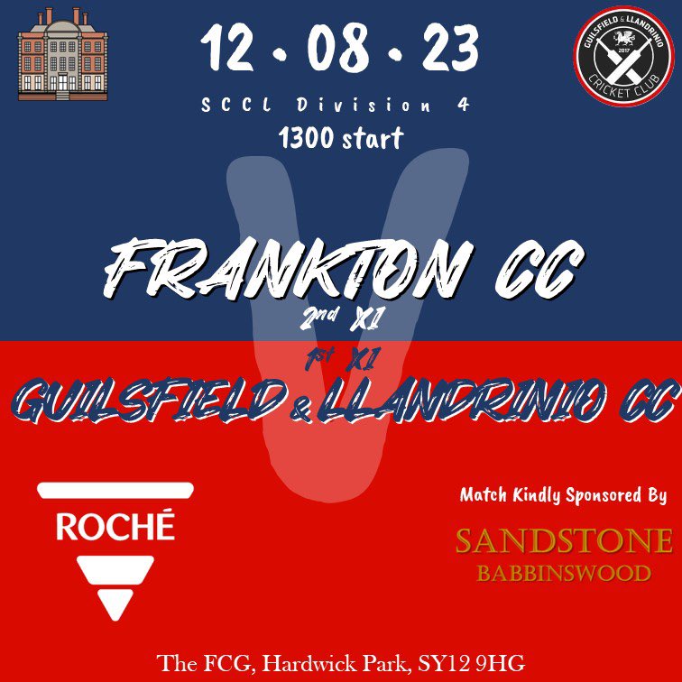 FranktonCC's tweet photo. Saturday’s @ShropCCLeague fixtures:

🗓12.08.23
🏏Sponsor: Sandstone
1️⃣XI away 🚌🆚🍫 @ChirkCC
2️⃣XI home 🏫🆚🏴󠁧󠁢󠁷󠁬󠁳󠁿 @GuilsfieldCC 

We welcome spectators &amp; supporters to the ground. Our fully stocked bar will be open all weekend! 

#FCC #FCG #SCCL #LocalDerby #WelshWeekend https://t.co/FQBTPn1b9D