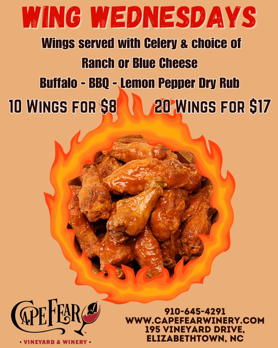 CapeFearWine's tweet photo. 🍗Wing Wednesdays are here! Get 10 wings for $8 or 20 wings for $17, served with celery and your choice of ranch or blue cheese. See you at The Cork Room Restaurant for a wingtastic time!🔥😎

#CapeFearVineyardandWinery #TheCorkRoom #WingWednesdays #WingMania
#Foodstagram #Tasty https://t.co/sTvpKxSKgr