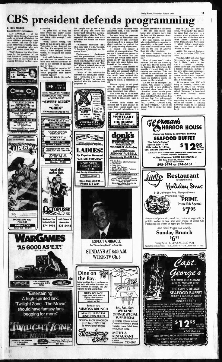 The Daily Press newspaper, Saturday, July 9, 1983. The movie page. This was my local newspaper, growing up in Yorktown, Virginia. #WarGames #movies #newspapers #vintage #films #computinghistory #computing #vintagecomputing #retrocomputing #IMSAI8080 #Virginia #VA