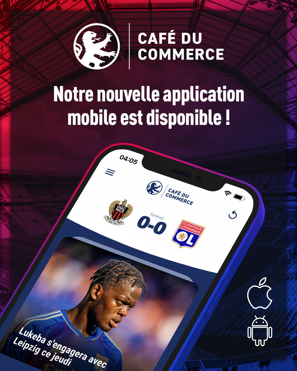 🚨 Notre APPLICATION MOBILE est DISPONIBLE !

👉🏻 commerce.cafe/app

🔹 Actus chaudes &amp; articles éditoriaux
🔹 Agenda &amp; classement
🔹 Matchs en direct &amp; notifications (buts, cartons rouges, scores…)
🔹 Votes Homme du match &amp; Joueur du mois
🔹 Et bientôt plus !

🔴🔵 #TeamOL