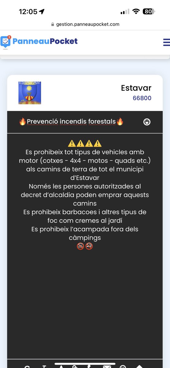 leygue2014's tweet photo. Arrêté municipal portant sur l interdiction de circulation véhicules moteurs Prévention incendie @Prefet66 @leDepartement66 @Meteo_Pyrenees @meteocat https://t.co/ZjIWTYPhcj