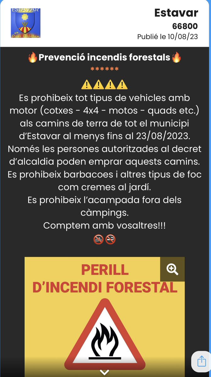 leygue2014's tweet photo. Arrêté municipal portant sur l interdiction de circulation véhicules moteurs Prévention incendie @Prefet66 @leDepartement66 @Meteo_Pyrenees @meteocat https://t.co/ZjIWTYPhcj
