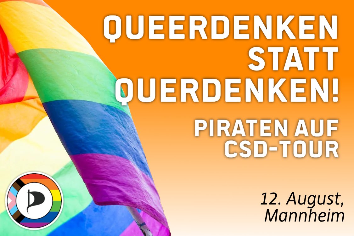 PiratenBW's tweet photo. Am Samstag findet ihr uns in Mannheim. Natürlich sind wir auch dort beim Christopher Street Day dabei und freuen uns auf euch!

#CSDMannheim #csd https://t.co/3lA0gBZqLR