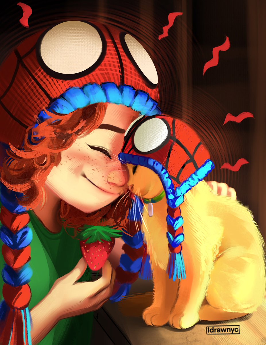 I finished it!! Mayday Parker sharing a strawberry with Spider kitty ☺️ #digitalart #maydayparker #spidercat