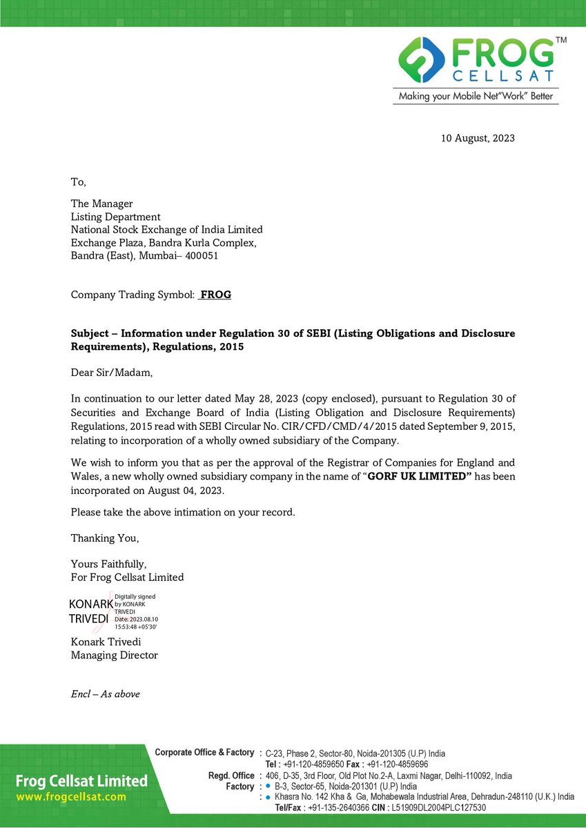 nileshkurhade's tweet photo. 📣 Frog Cellsat Limited (#FROG), complies with SEBI (Listing Obligations and Disclosure Requirements) Regulation 30, disclosing the incorporation of its wholly owned UK subsidiary "GORF UK LIMITED" on August 4, 2023. #SME https://t.co/tJW8S147Gk