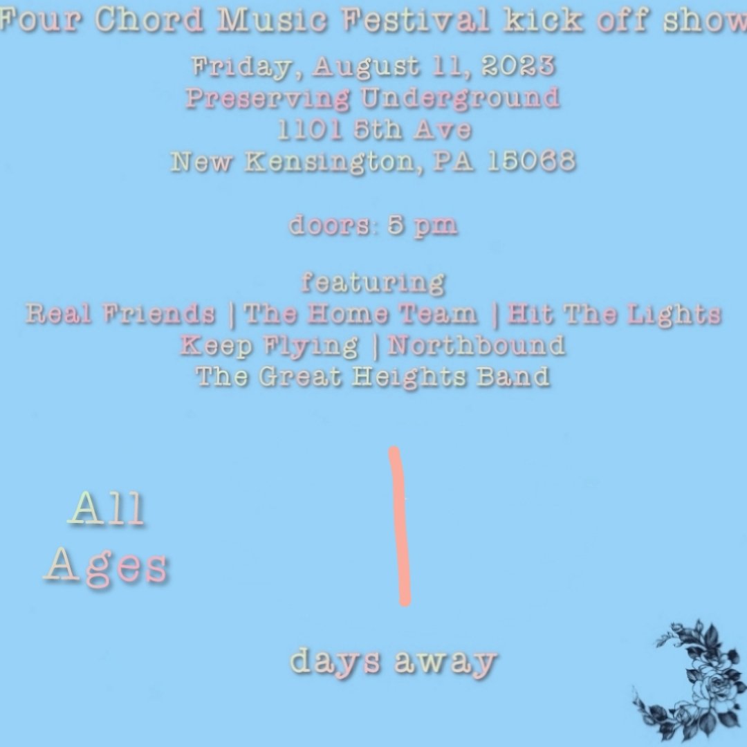 ✨️ TOMORROW ✨️

Pittsburgh, PA! 
<a href="/4chordmusicfest/">Four Chord Music Festival</a> <a href="/smartpunk/">Smartpunk</a> <a href="/realfriendsband/">Real Friends</a> <a href="/TheHomeTeamNW/">The 🇵🇸FREE PALESTINE🇵🇸 Team 🏡</a> <a href="/HTLband/">Hit The Lights</a> <a href="/KeepFlyingBand/">Keep Flying</a> <a href="/NorthboundFL/">Northbound</a> <a href="/gr8heightsband/">The Great Heights Band</a> 

🎟: bit.ly/4CMFKO23