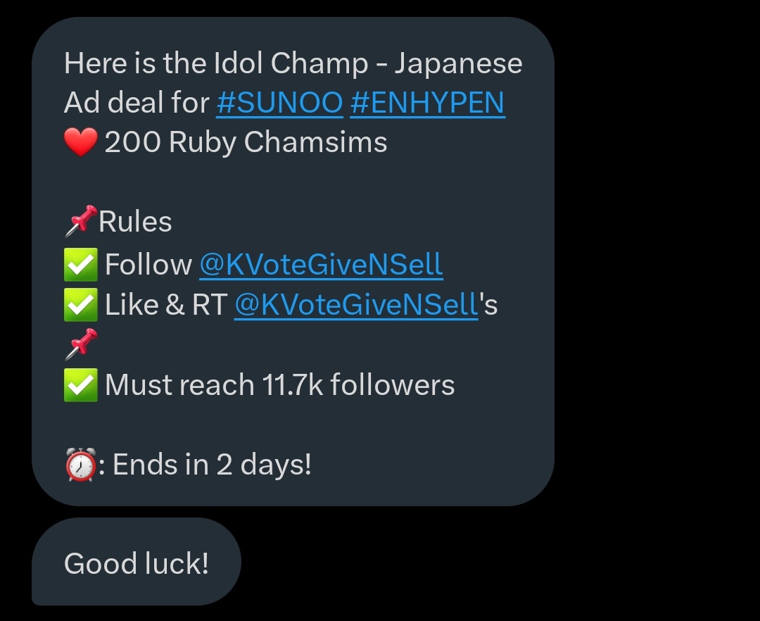 PJSthejay's tweet image. Here is the Idol Champ - Japanese Ad deal for #SUNOO #ENHYPEN
❤️ 200 Ruby Chamsims

📌Rules 
✅ Follow @KVoteGiveNSell
✅ Like &amp;amp; RT @KVoteGiveNSell
's 📌
✅ @KVoteGiveNSell Must reach 11.7k followers

⏰: Ends in 2 days!

#ENFuelUp #ENVOOSTERS #ENHARTS_DEAL