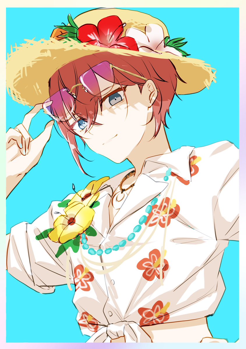 1boy hat male focus solo flower shirt blue eyes  illustration images