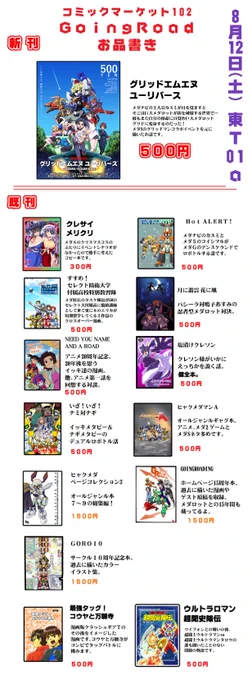 #C102お品書き夏コミ1日目 土曜東T01a GoingRoadでお待ちしております。新刊の内容サンプルはこちらにございます 