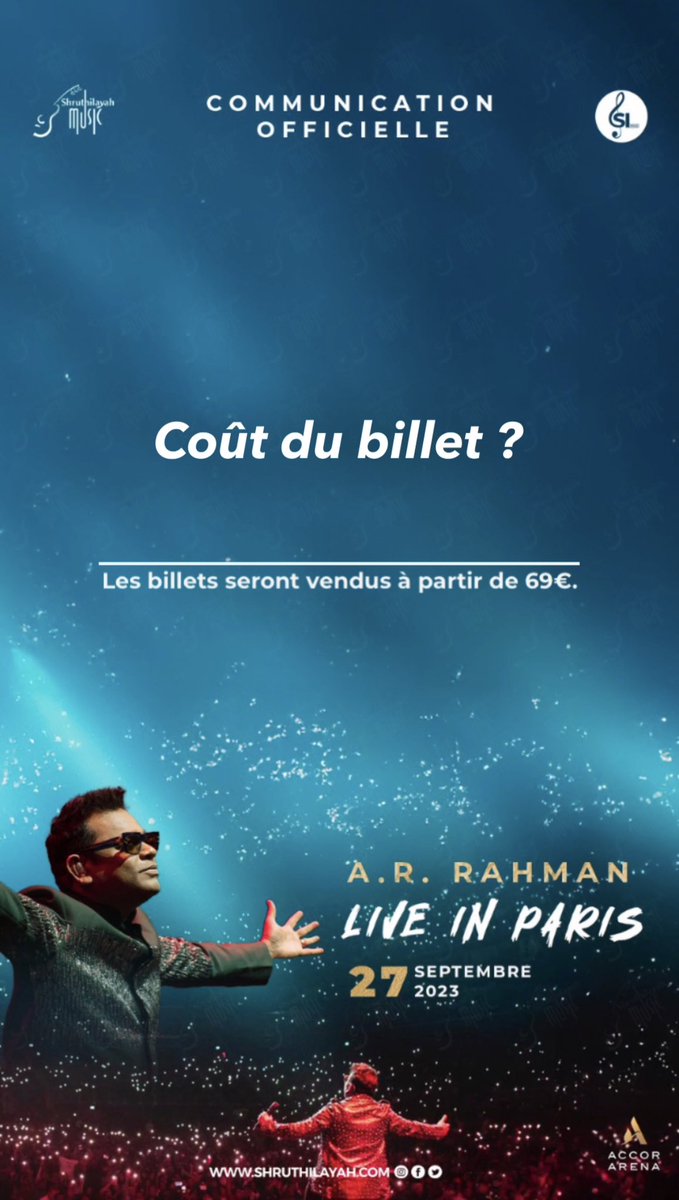 Shruthilayah's tweet photo. ❗️I N F O R M A T I O N ❗️

- Quelle est la raison du changement de la date ? 
- À quelle heure débute le concert ? 
- Coût du billet ? 

#arrahman #arr #concert #france #30YearsofRahman #ARRParis2023 #Shruthilayah https://t.co/5wxmNHVln8
