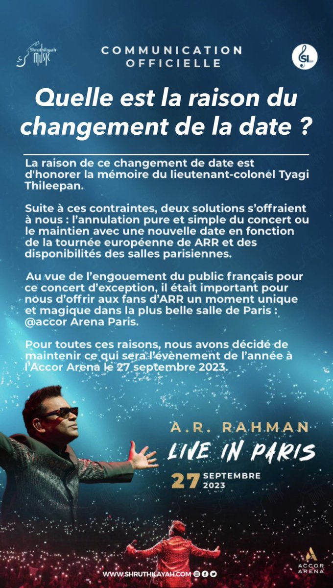 Shruthilayah's tweet photo. ❗️I N F O R M A T I O N ❗️

- Quelle est la raison du changement de la date ? 
- À quelle heure débute le concert ? 
- Coût du billet ? 

#arrahman #arr #concert #france #30YearsofRahman #ARRParis2023 #Shruthilayah https://t.co/5wxmNHVln8