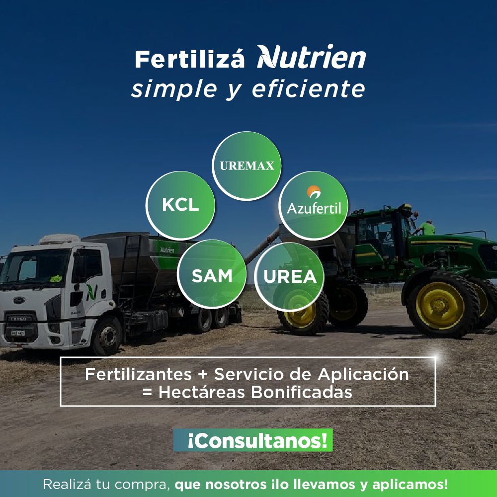 ¿Buscásresolver la fertilización de tu campo? ¡Esta promoción es para vos!
Comprando tu fertilizante, ¡obtenéshectáreas de aplicación bonificadas!.

¿Querésconocer más? ¡Escribinos!

#Urea #Uremax #KCL #SAM #Azufertil #NutrienUy #MasNutrienParaVos #MasServicio