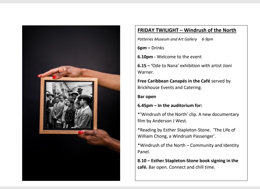 We can't wait to see you tomorrow the 11th at 6pm for the first official event in our LEGACY:Windrush75 programme with the <a href="/PotteriesMuseum/">The Potteries Museum & Art Gallery</a>. Here's the order of the event. Coming?