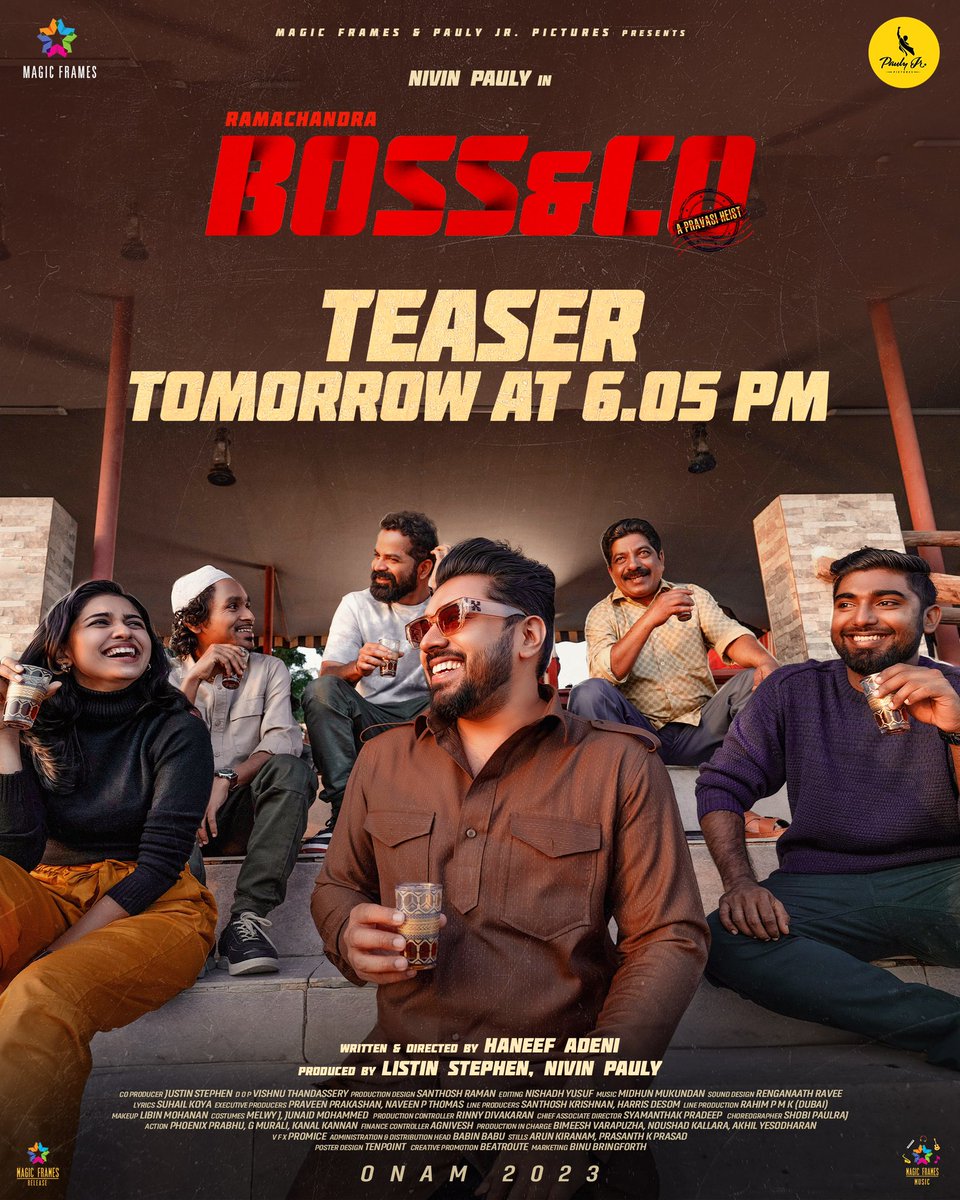 PaulyPictures's tweet photo. #RamachandraBossandCo are on a new mission 🥷 and this time the assignment is to steal your hearts❤️💥

Catch #RamachandraBossandCo set up a thrilling #PravasiHeist tomorrow at 6:05PM 🧨

@NivinOfficial @haneef_adeni @ListinStephen @magicframes2011 #VinayForrt #JaffarIdukki https://t.co/Gr9hMNE05F
