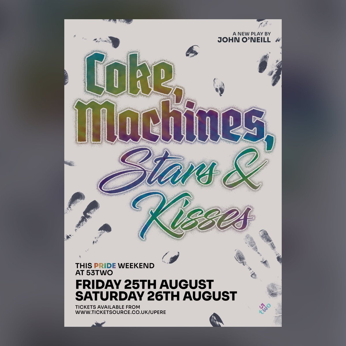🚨 PAY WHAT YOU CAN TICKETS 🚨

We’ve just released tickets for both performances of ‘Coke, Machines, Stars &amp; Kisses’ where you PAY WHAT YOU CAN! Grab ‘em quick! #theatre 

Go! Go! Go! 

Fri 25 | Sat 26 Aug
 <a href="/53two/">53two</a> 
ticketsource.co.uk/upere