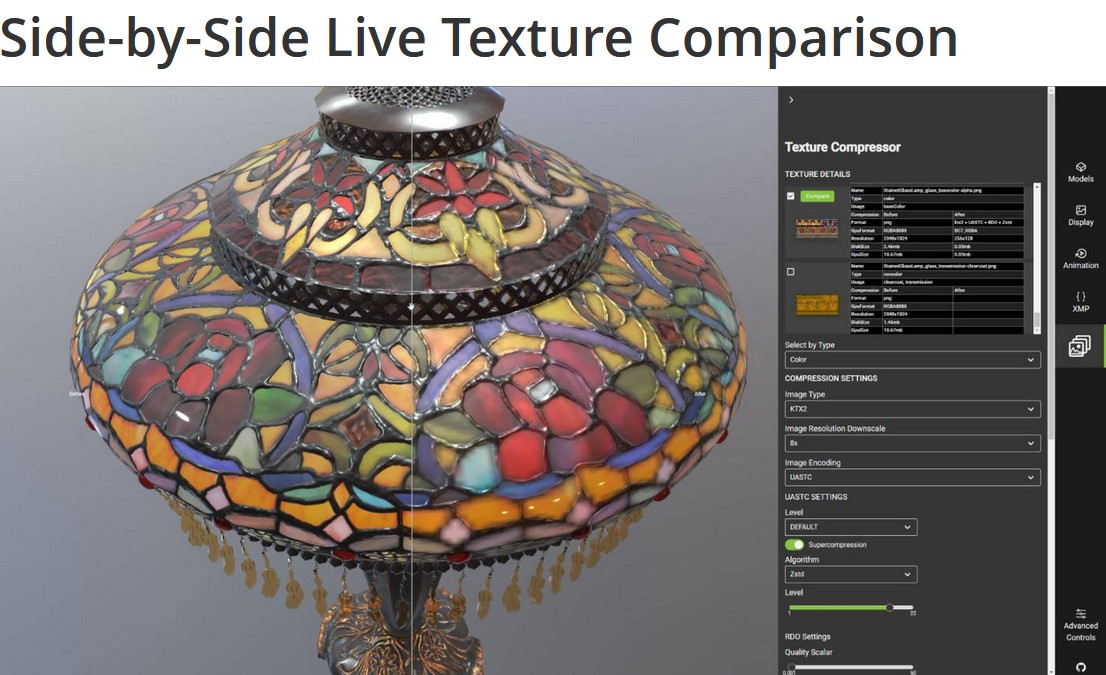 glTF3D's tweet photo. Optimize 3D assets with Khronos’ new glTF-Compressor tool! Interactively tune texture compression size and quality, with  support for KTX 2.0 texture generation to optimize performance and  memory.

Learn more: https://t.co/30hhRMDqT3 https://t.co/OIKApVAMUp