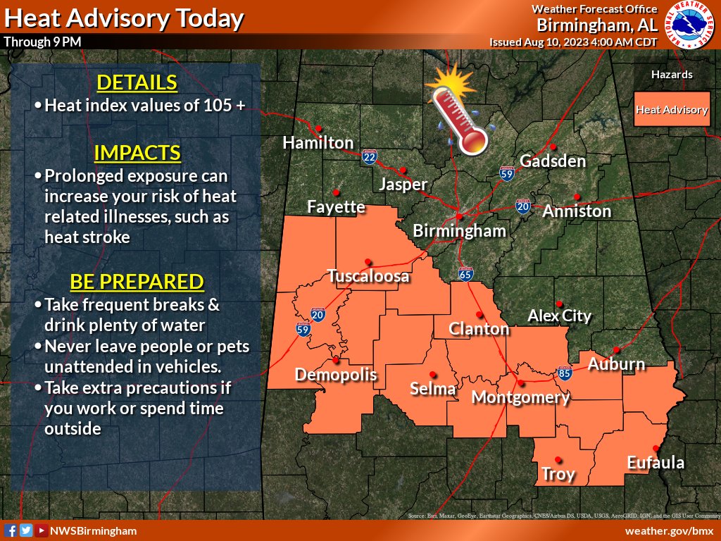 AlabamaEMA's tweet photo. Today 8/10/23:
Damaging winds up to 60 mph and quarter-size hail, This Afternoon through Tonight (4 PM - 1 AM) in most of Central Alabama
Tomorrow, Friday 8/11/23
Damaging winds up to 60 mph and quarter-size hail, (10 AM - 7 PM), Most of Central Alabama excluding the far north. https://t.co/AmslHJVk7L