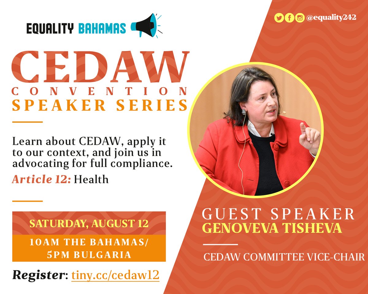 Equality242's tweet photo. Join us on Saturday for the next session in the #CEDAW (Convention) Speaker Series, led by CEDAW Committee Vice Chair Genoveva Tisheva, focused on Article 12 (Health).
REGISTER: https://t.co/wQGTJLflXj
#TreatyBodies #BuildingGenderMachinery #GenderJustice #WomensHealth https://t.co/Rb5w1Ap0px