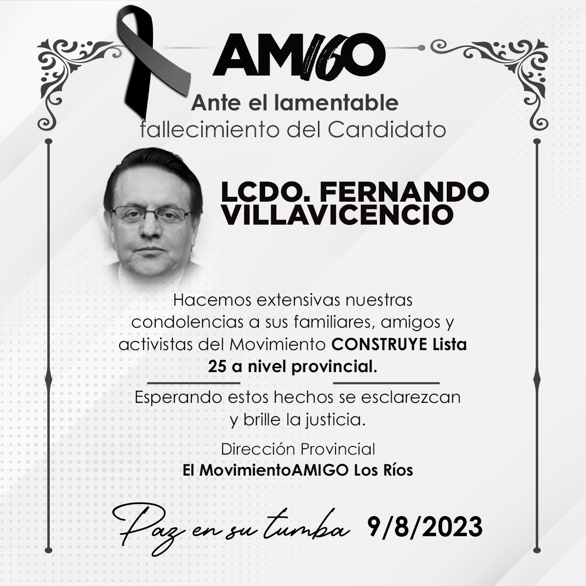 ruthvernazac's tweet photo. Quienes conformamos El movimiento político AMIGO Ecuador  #LISTA16 nos solidarizamos con familiares, amigos y simpatizantes de quién en vida fue Lcdo.@VillaFernando_
Esperemos que existan las garantías necesarias de seguridad para todos los actores políticos a nivel nacional. https://t.co/UmaIj8dO2Q