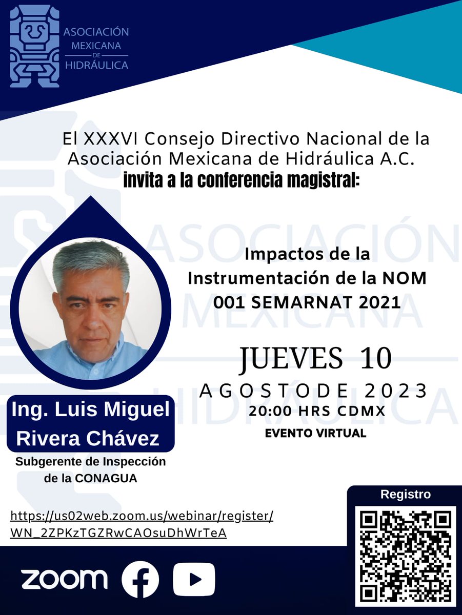 nikteocg's tweet photo. El XXXVI Consejo Directivo Nacional de la Asociación Mexicana de Hidráulica invita: 
*Impactos de la Instrumentación de la NOM 001 SEMARNAT 2021*
Ing. Luis Miguel Rivera Chávez
Subgerente de Inspección de la CONAGUA 

Enlace de inscripción: 
https://t.co/98Mm1TiGf7 https://t.co/QDTEwyvkXg