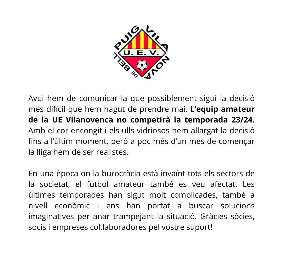 Gol_Cat's tweet photo. La UE Vilanovenca anuncia que no podrà competir a #3cat15 la propera temporada. 

😔 El comunicat expressa la tristesa del club

➕ El @MagranersCD pendent de l'ascens a Tercera Catalana. 

#futbolcat https://t.co/QDcLwpwxRV