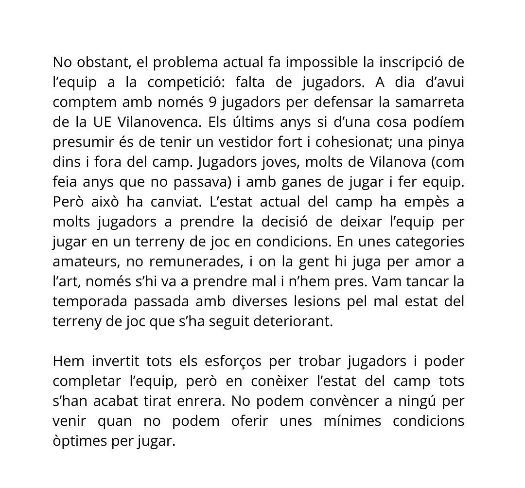 Gol_Cat's tweet photo. La UE Vilanovenca anuncia que no podrà competir a #3cat15 la propera temporada. 

😔 El comunicat expressa la tristesa del club

➕ El @MagranersCD pendent de l'ascens a Tercera Catalana. 

#futbolcat https://t.co/QDcLwpwxRV