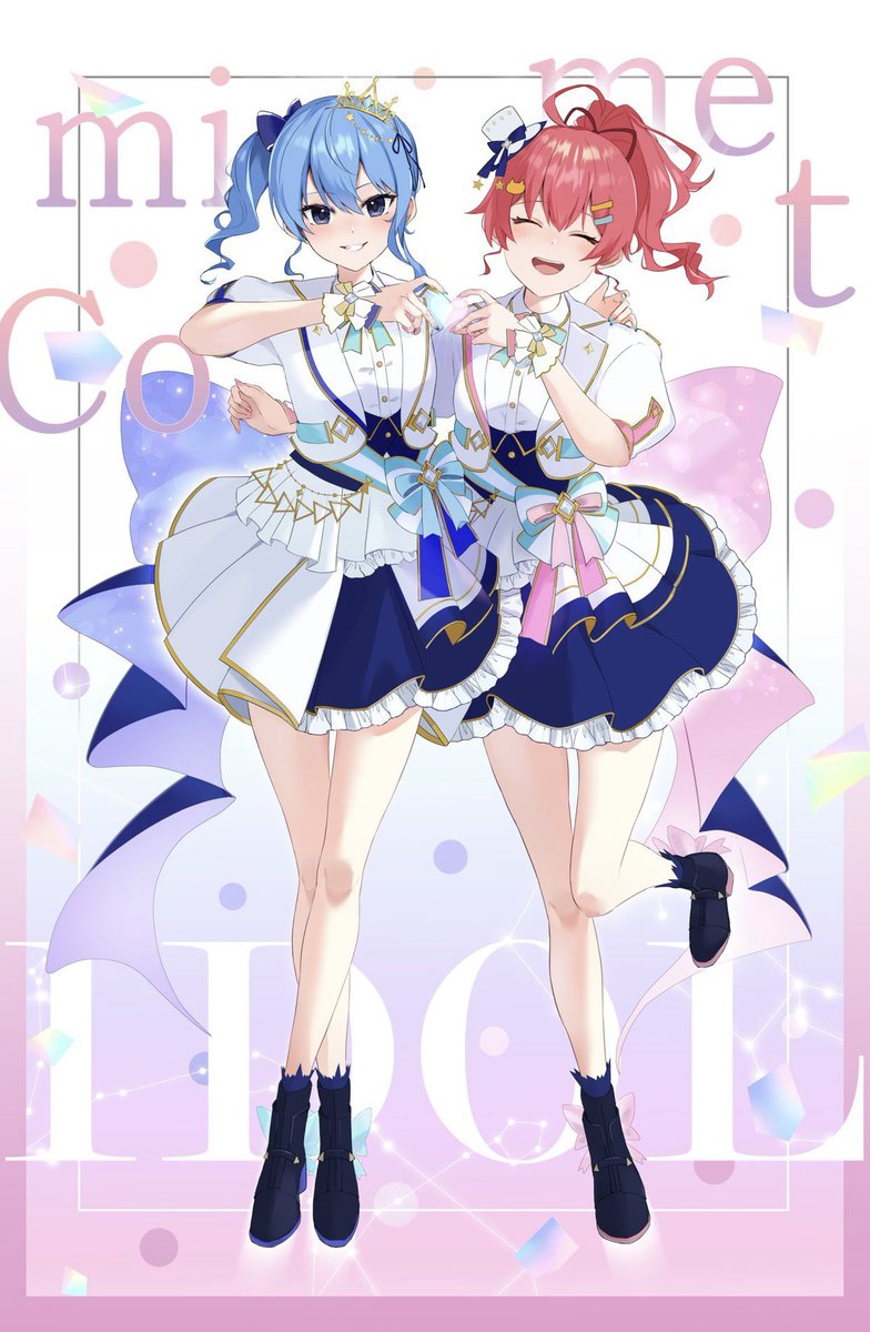 hoshimachi suisei multiple girls 2girls blue hair blue eyes smile closed eyes skirt  illustration images