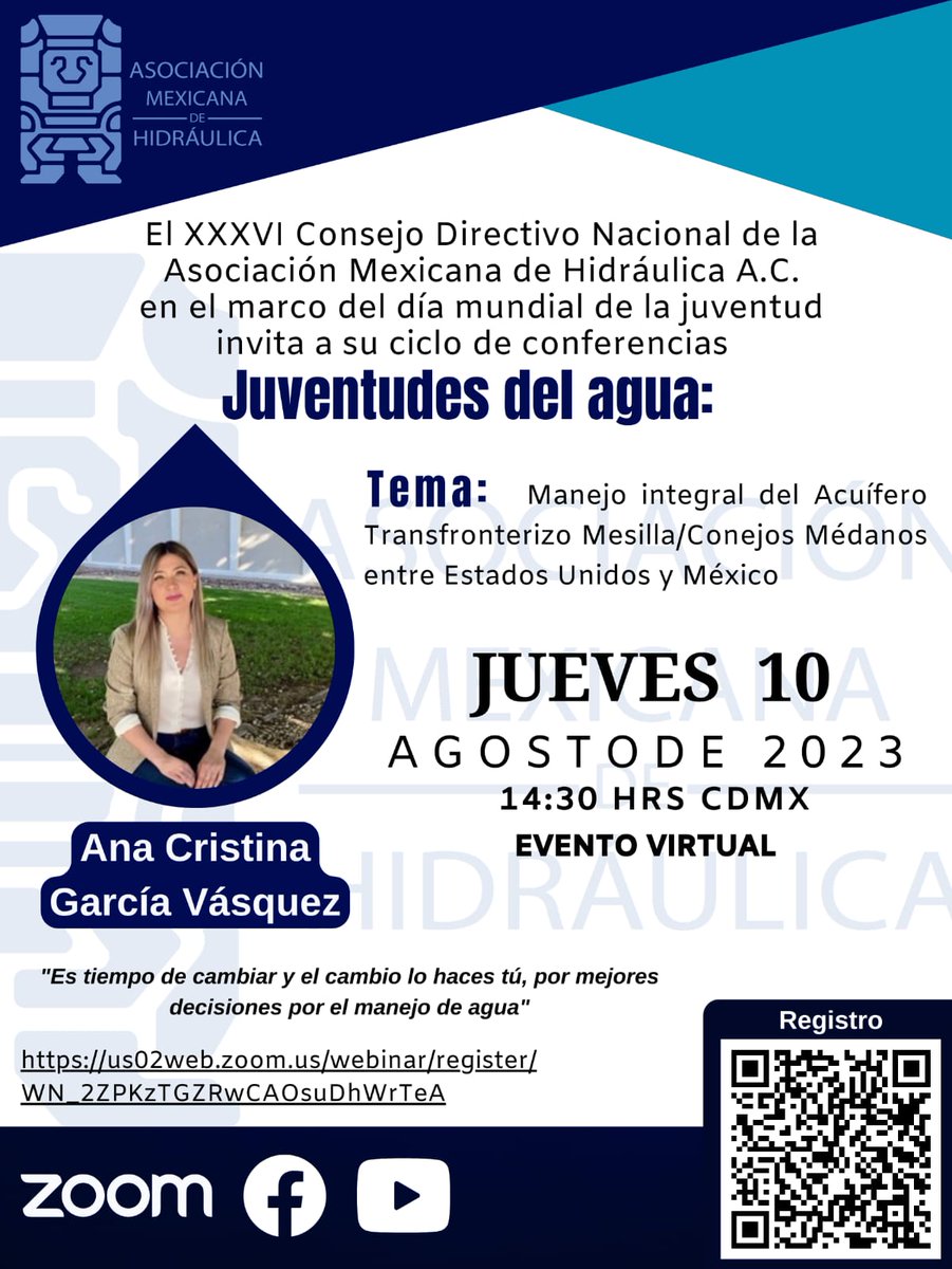 nikteocg's tweet photo. El XXXVI CDN de la AMH,
en el marco del día mundial de la juventud invita a su ciclo de conferencias Juventudes del agua:

Ponente: Ana Cristina García Vásquez
Tema: Manejo integral del Acuífero Transfronterizo Mesilla/Conejos Médanos...

 inscripción: https://t.co/VoPjz5zBmD https://t.co/ZC6QOvQy0k