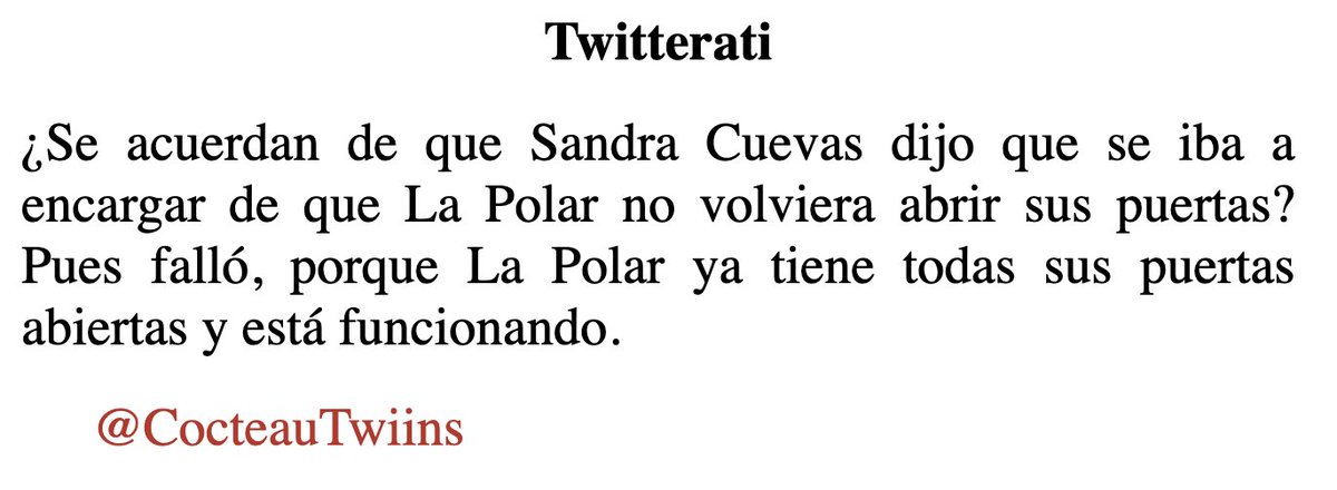 galvanochoa's tweet photo. #𝐓𝐰𝐢𝐭𝐭𝐞𝐫𝐚𝐭𝐢𝐄𝐧𝐃𝐢𝐧𝐞𝐫𝐨

"¿Se acuerdan de que Sandra Cuevas dijo que se iba a encargar de que La Polar no volviera abrir sus puertas? Pues falló, porque La Polar ya tiene todas sus puertas abiertas y está funcionando", escribe @CocteauTwiins. 

👉https://t.co/9RBjDncBk8