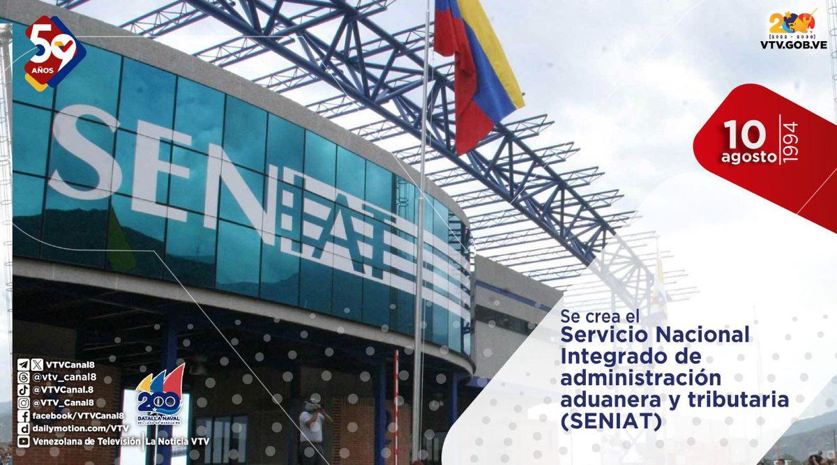 #EFEMÉRIDE🗓️| El Servicio Nacional Integrado de Administración Tributaria (Seniat), fue creado el #10Ago de 1994 mediante la fusión del Senat y AVSA. Es el ente responsable de la administración tributaria nacional, es decir, la recaudación de impuestos.

#VenezuelaRecuperóLoSuyo