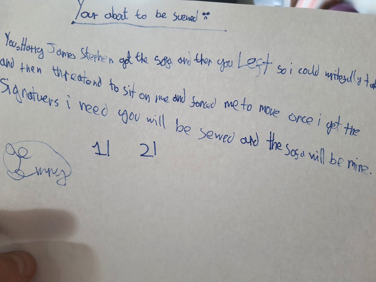Holiday sibling squabbling has moved to a different level chez Stephen. 9yr old has gone legal....(and yes I have marked up her drafting).