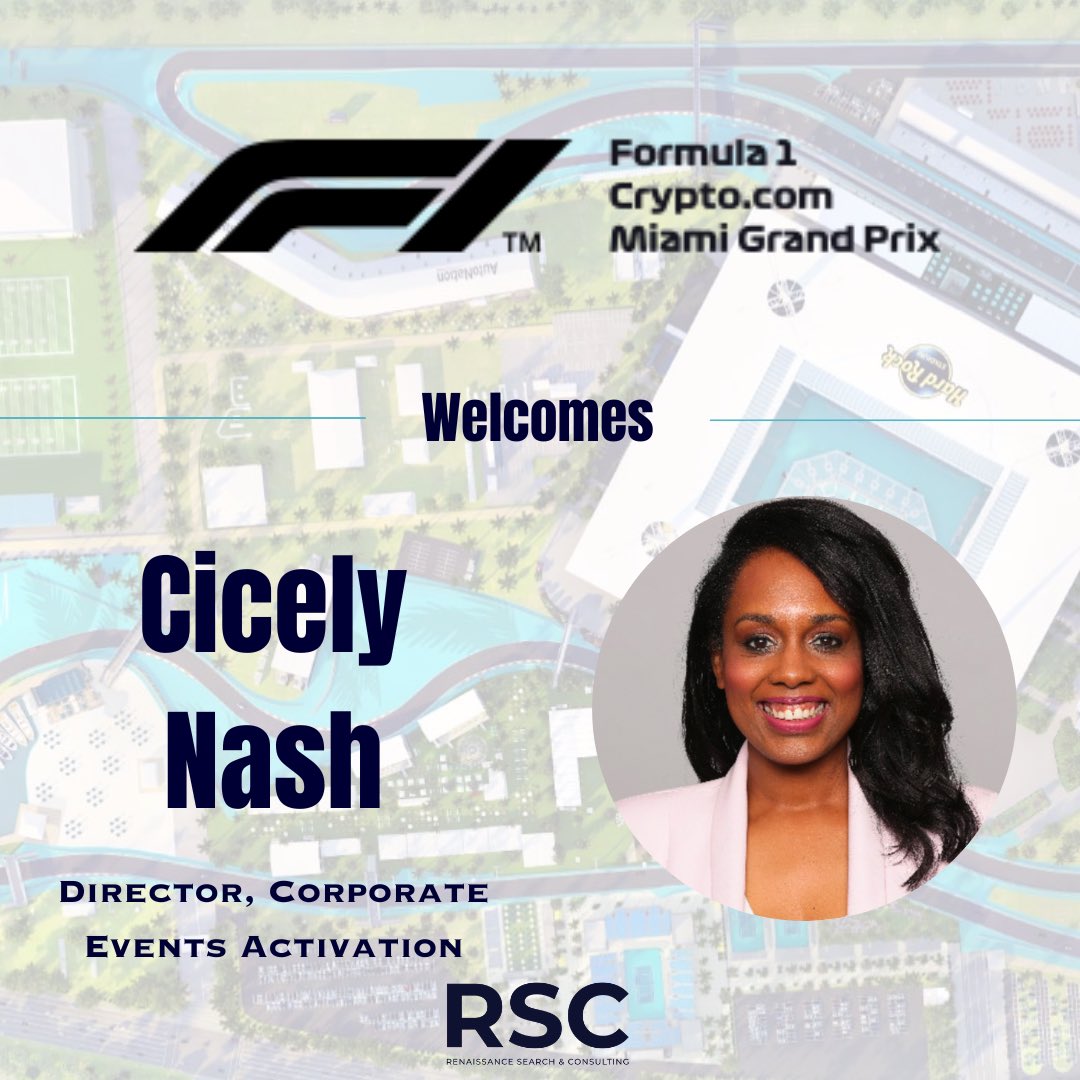 Thrilled to congratulate Cicely Nash on her new role as Director of Corporate Events Activation at Formula 1 Miami Grand Prix. We at Renaissance Search and Consulting are overjoyed to have played a part in this exciting journey! #MiamiGrandPrix #Formula1 #Corporate