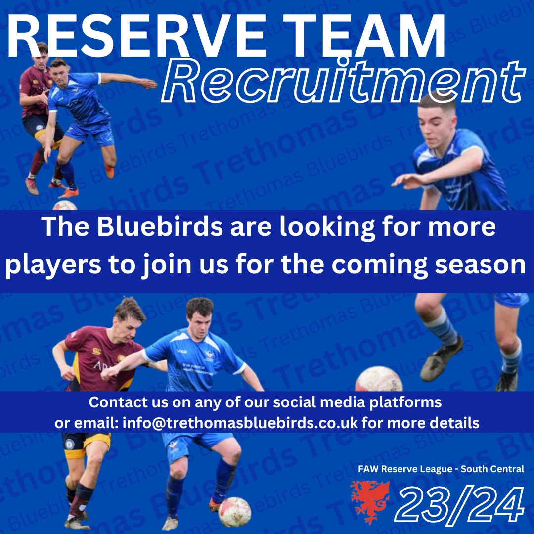 💙Reserve Team Recruitment💙
We're always on the look out for more players to join our reserve team, if that sounds like you then DM us on any of our social media platforms or email: info@trethomasbluebirds.co.uk
#UppaTre

@FernleighDesign <a href="/TruePotential_/">True Potential</a> <a href="/CaerphillyFS/">Caerphilly Funeral Services</a> 
<a href="/hillr02/">Rob Hill</a>