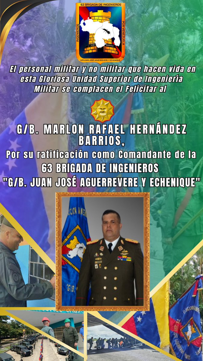 🪖 #Felicitaciones || Nos honramos en  Felicitar al GB <a href="/MarlonRafaelHB/">G/B. Marlon Rafael Hernandez Barrrios</a> por su Ratificación como Comandante de esta Insigne Unidad Superior de Ingeniería Militar de nuestro Glorioso @somos_ejercito 
<a href="/EJB_6TOCING/">6to Cuerpo de Ingenieros</a>