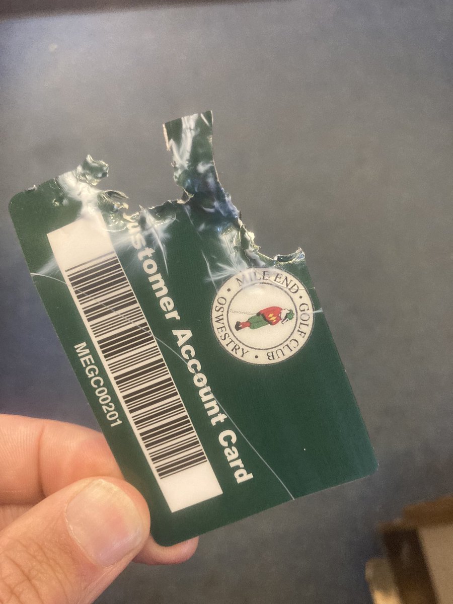 MileEndGolfClub's tweet photo. @secretclubprov just had to share this… first time we’ve had to issue one of our Seniors a new Member card as “it had a fight with the dog” 🙄😂 https://t.co/iQlqS3p8A9