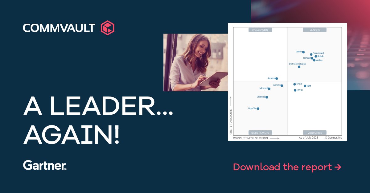 Top right quadrant, yep, we're there again! For the 12th time, #Commvault is positioned as a Leader in the 2023 Gartner® Magic Quadrant™ for Enterprise Backup and Recovery Software Solutions. Get a copy of the report today - ow.ly/tBtX50PwA8u