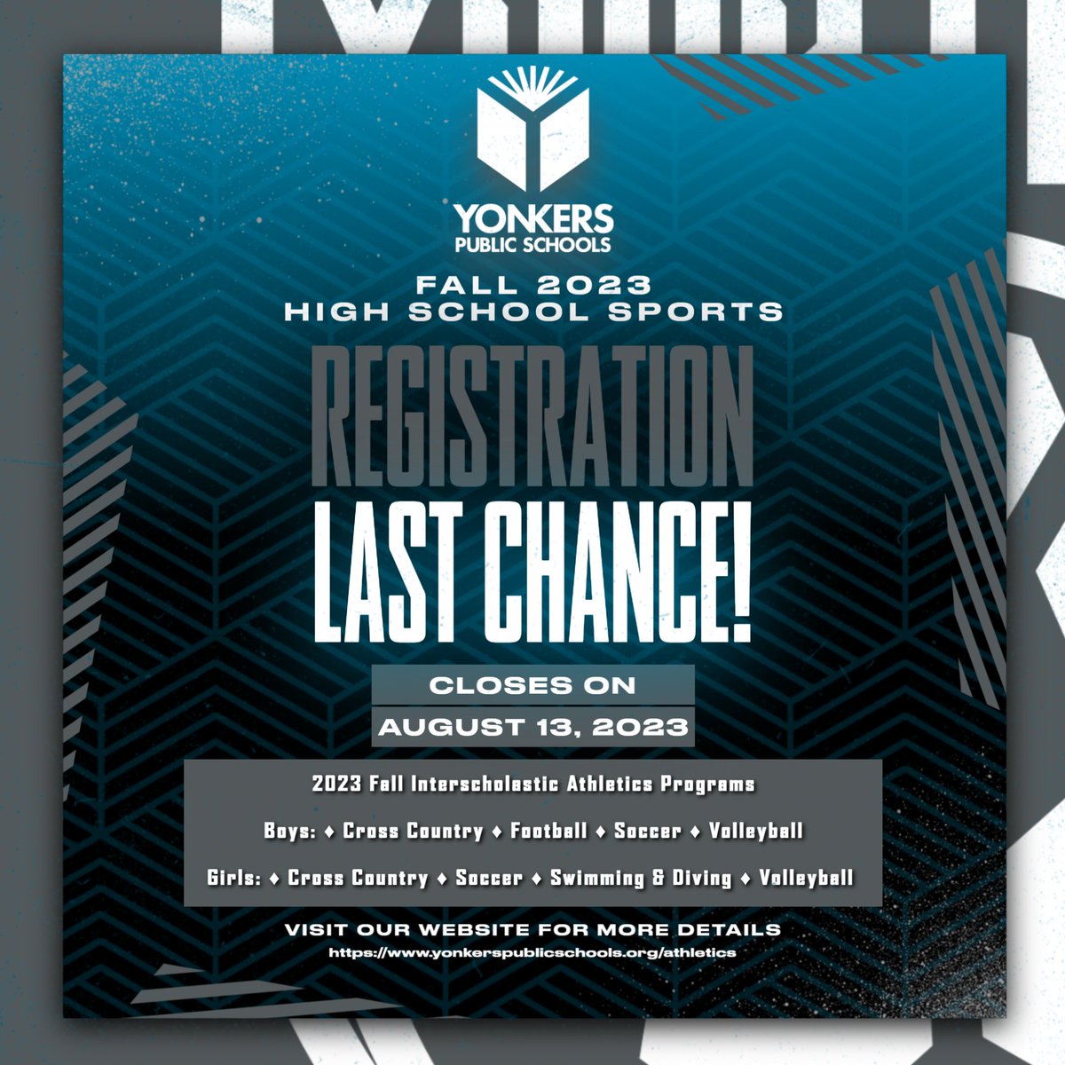 Register Today! Registration for 2023 Fall High School Sports is open through Sunday, August 13th. 

Register on FinalForms (bit.ly/yps-athlete-fo…)!

Visit the district website or contact the Athletics Office for more information.