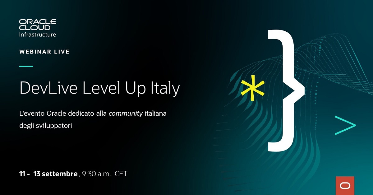 A settembre si ricomincia con 3 giorni di live webinar in italiano dedicati ai #developer! L'11, 12 e 13 settembre si terrà il primo #Oracle #DevLive Level Up Italy. Registrati ora, crea la tua agenda e collegati agli interventi che più ti interessano. social.ora.cl/6015PgzPZ