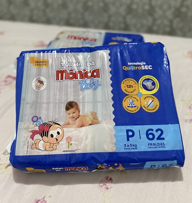 2 Pacotes Fralda Turma da Monica Baby Mega P 62 Unidades, Turma da Mônica Baby, Azul, P