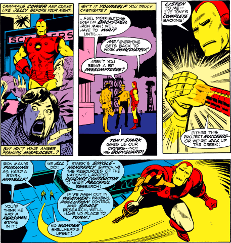 MarvelADay's tweet photo. #MarvelADay #IM51 After stopping an attempted robbery, Iron Man starts ordering the Stark employees around. We find out that Stark Industries is going all-in on more peaceful pursuits. - VA https://t.co/GzAbX8NMko