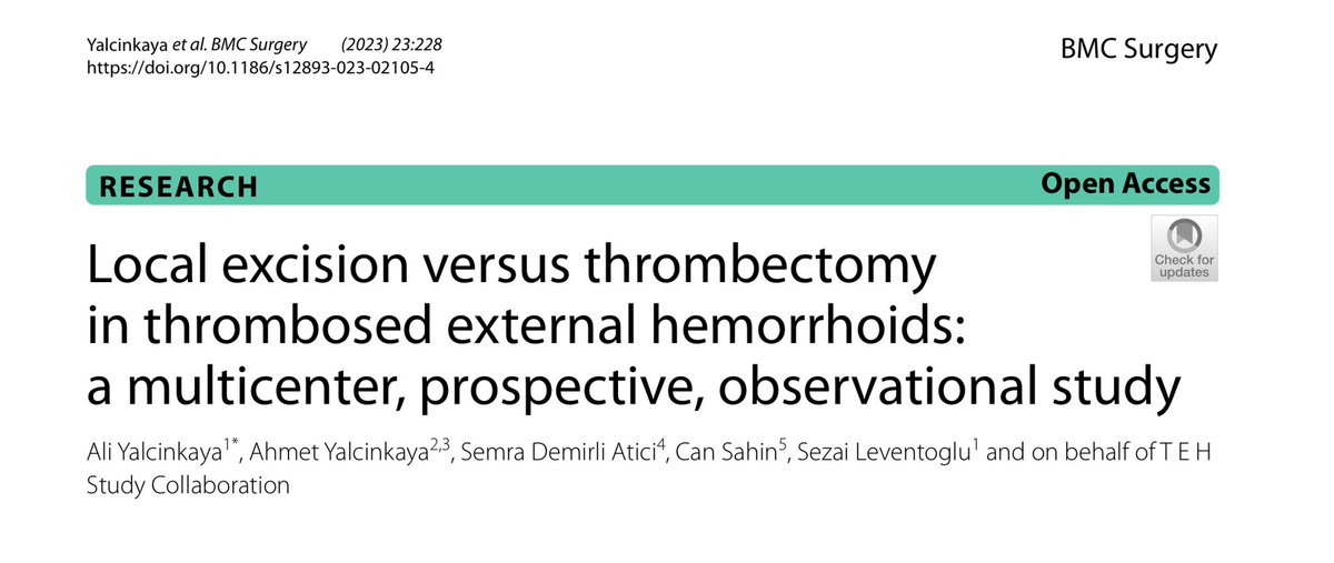 New published…

TEH Study 🇹🇷

Local excision vs. thrombectomy
in thrombosed external hemorrhoids: a multicenter, prospective, observational study.

@aliykya  <a href="/opdrcansahin/">Can Şahin</a> <a href="/SezaiLeventoglu/">Sezai Leventoglu</a> <a href="/smrdemirli/">Semra Demirli Atici</a> <a href="/busenurkrmty/">Busenur Kırımtay</a> <a href="/glsm_sd/">G. Sueda K. #NeverAgain</a> <a href="/AhmetRencuzMD/">Ahmet Rencuzogullari</a> <a href="/dralpyildiz/">Doç.Dr.Alp Yıldız</a>
<a href="/NeuronTemple/">Merve Sakca</a>