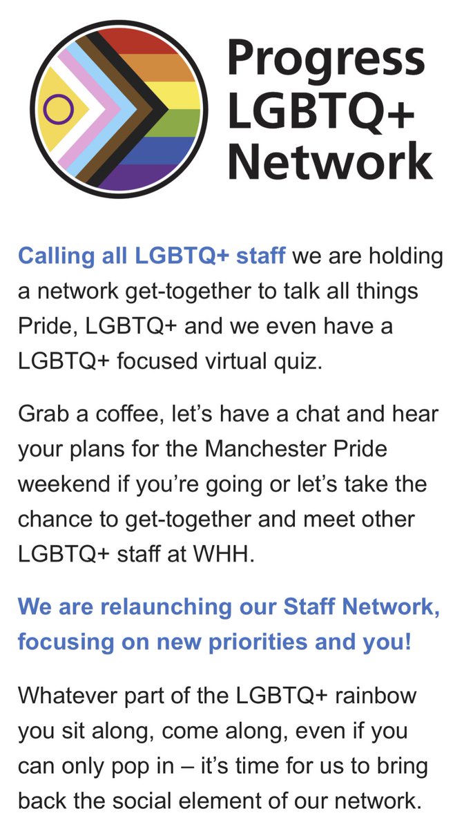 🔊 Calling all <a href="/WHHPeople/">WHHPeople</a> LGBTQ+ Staff. We have our Progress LGBTQ+ Network on the 24th August 3-4pm. Email whh.progress@nhs.net to book on 🏳️‍🌈🏳️‍⚧️