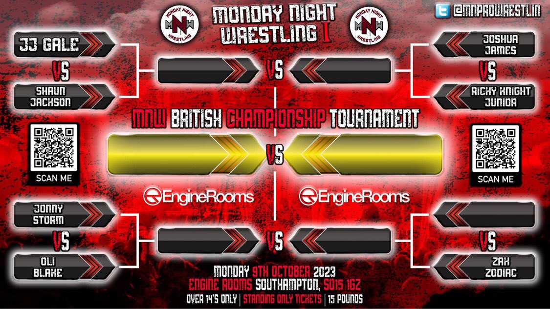In the third match up for the MNW British Championship JJ Gale takes on Shaun Jackson in what promises to be a classic respected bout between wrestling brightest young stars who will score the pinfall and advance ? Tickets available from: engineroomssouthampton.co.uk/events/monday-…